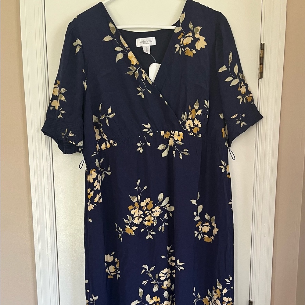 Motherhood maternity dress maxi navy yellow  floral size xl